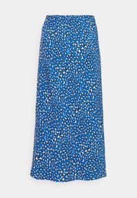 Blauwe middellange rok met een luipaardprint in zwart en wit, met een losse pasvorm en elastische tailleband voor comfort.