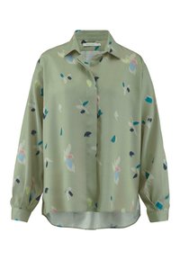 Grüne Bluse mit lockerer Passform, die ein florales Muster in Pink, Blau und Schwarz aufweist. Lange Ärmel, Knopfleiste und abgerundetem Saum.