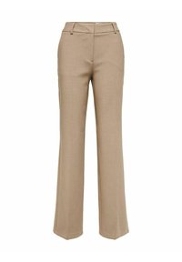 Beige op maat gemaakte broek met een straight leg ontwerp, vervaardigd uit een soepele stof. Voorzien van riemlussen en steekzakken.