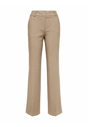Pantalons beige ajustés avec une coupe droite, fabriqués en tissu lisse. Comprend des passants de ceinture et des poches avant.