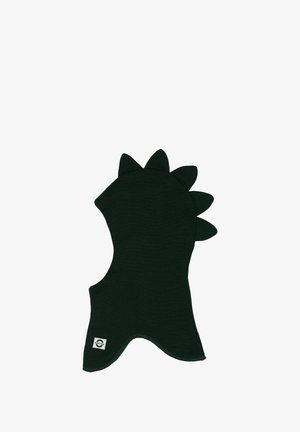 Balaclava en laine verte avec des détails pointus sur le dessus. Présente une forme incurvée et une étiquette logo cousue près de l'ourlet. Texture douce.