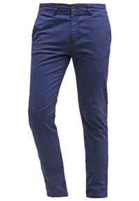 Navy blue cotton pants with a slim fit, featuring a button closure, pockets, and a smooth texture. Simple design without patterns.
