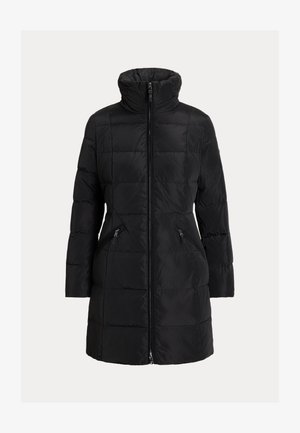 Svart vadderad jacka med hög krage, quiltad design, vertikala sömmar, två sidofickor med dragkedja och dragkedjeförslutning fram.