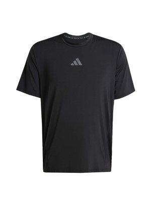 Svart kortärmad tränings-T-shirt i lätt tyg, med rund halsringning och grå Adidas-logga på bröstet.