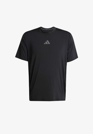 Zwart sport T-shirt met korte mouwen van lichtgewicht stof, met een ronde hals en een grijs Adidas-logo op de borst.