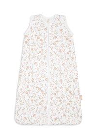 Sac de couchage en tissu blanc doux avec un motif floral dans des nuances de rose pastel et de neutres, doté d'une fermeture éclair à l'avant et d'un design sans manches.