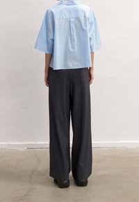 Light blue short-sleeve shirt with a back pleat, paired with dark gray wide-leg pants. Smooth fabric with minimal detailing.