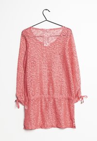 Spitzen-Tunika in sanftem Rosa, mit einem geometrischen Muster, Dreiviertelärmeln mit Bindebänder und einem leicht V-Ausschnitt. Leichte und luftige Stoffqualität.