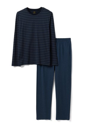 Men’s navy blue pajamas with long-sleeve striped top and solid elastic waist pants on white background.