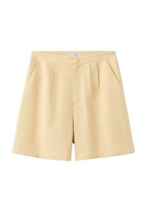 Short beige en tissu léger avec un devant plissé, deux poches latérales et une fermeture à bouton unique à la taille.