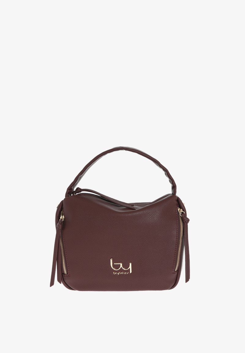 Borsa a tracolla in pelle marrone scamosciata con una forma strutturata, caratterizzata da un logo in tonalità dorata e tasche laterali con zip. Inclusa maniglia superiore.
