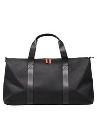 Schwarze Duffle Bag aus strukturiertem Material, mit glatten Ledergriffen und orangefarbenen Reißverschlussanhängern. Rechteckige Form mit zwei Griffen und Reißverschlussverschluss.