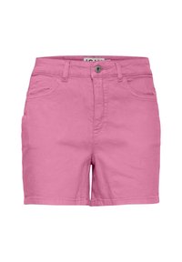 Pantalones cortos de algodón rosa con una cintura ajustada, cinco bolsillos y cierre con botón. Presentan una textura suave y duradera, y un dobladillo recto.