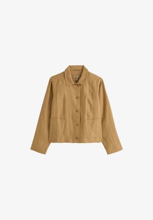 Világosbarna, gombos zsebes dzseki, hosszú ujjú, galléros, egyenes szegélyű, texturált anyagból készült.