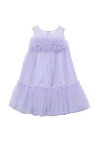 Abito in tulle lilla con gonna a strati, corpetto arricciato e scollatura rotonda. Presenta una chiusura a bottoni sul retro per indossarlo facilmente.