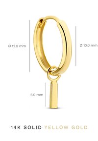 14K massief geelgouden oorring met een gepolijste afwerking. Afmetingen: Ø 12 mm en 10 mm; bevat een verticale staafaccent van 5 mm lang.