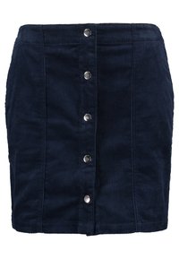 Mörkblå manchesterkjol med rak skärning, knäppning framtill med fem silverknappar och vertikal ribbad struktur.