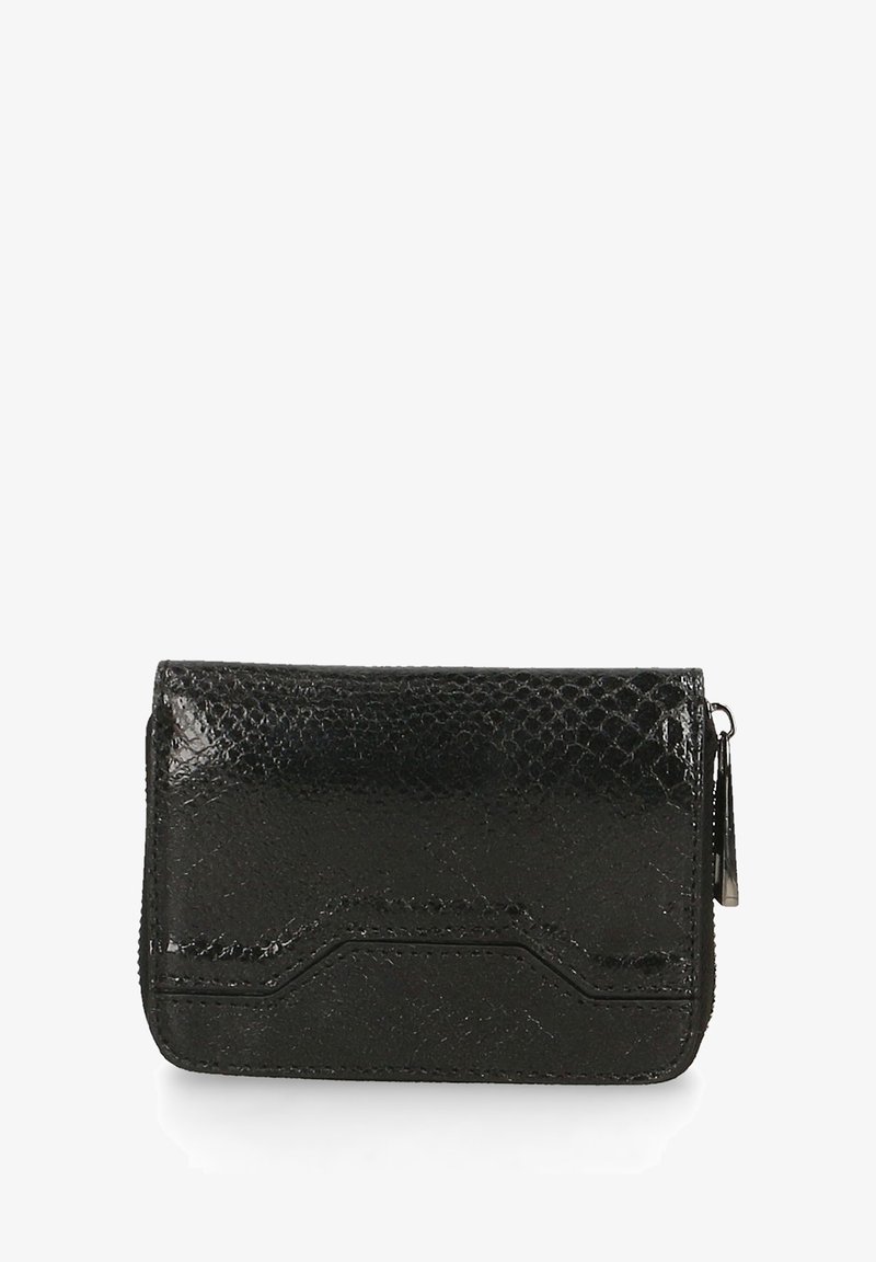 Portafoglio in stampa serpente nera con esterno in pelle testurizzata. Presenta una chiusura con zip e dettagli cuciti a contrasto per un tocco di interesse in più.