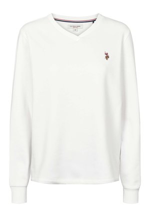 Bela majica z dolgimi rokavi in V-izrezom, narejena iz mehke bombažne tkanine. Ima majhen logotip na prsih, rebraste manšete in klasičen kroj.