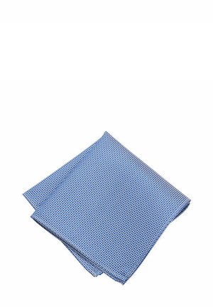 Folded blue and white checkered handkerchief with small square pattern on a white background.