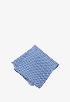 Folded blue and white checkered handkerchief with small square pattern on a white background.