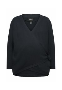 Černý svetr s překrytím, s véčkovým výstřihem, dlouhými rukávy, žebrovanou texturou a bočním šněrováním. Nabízí volný střih a hladký materiál.