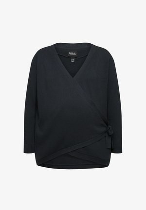 Black wrap sweater with a V-neck, long sleeves, ribbed texture, and a side tie closure. Features a relaxed fit and smooth fabric.