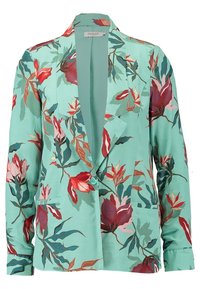 Kwiatowa marynarka w jasnozielonym jedwabiu, z klapami w szpic, zapięciem na guzik z przodu oraz dwiema naszytymi kieszeniami z czerwono-różowymi wzorami kwiatowymi.