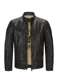 Braune Lederjacke mit Stehkragen, Reißverschluss und gesteppte Schulterakzente. Verfügt über zwei Fronttaschen und eine strukturierte Oberfläche.