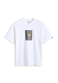 Witte katoenen t-shirt met een kleurrijke grafische print van een wereldbol op een zwarte achtergrond, met de tekst "Beloofde Toekomst Vooruit."