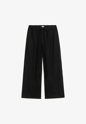 Black wide-leg pants with elastic waistband, relaxed fit, and ankle length, laid flat on white background.