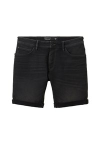 Czarne szorty dżinsowe z podwiniętymi mankietami, pięcioma kieszeniami i kontrastującymi szwami. Posiadają zapięcie na guzik i szlufki na pasek.