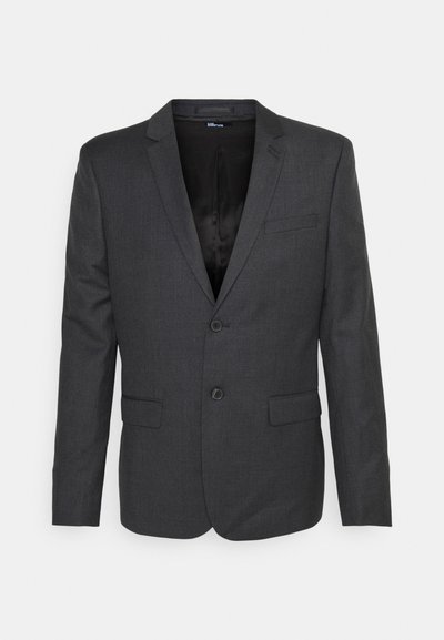 Dunkelgrauer, strukturierter Blazer mit einem einzigen Knopfverschluss, zwei vorderen Taschen und Reverskragen. Innen mit schwarzem Stoff gefüttert.