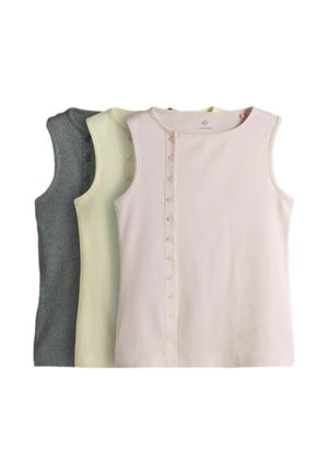 Drei ärmellose, gerippte Tops in Pastellrosa, Hellgelb und Grau, jeweils mit einer vertikalen Knopfreihe auf der Vorderseite.