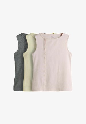 Drei ärmellose, gerippte Tops in Pastellrosa, Hellgelb und Grau, jeweils mit einer vertikalen Knopfreihe auf der Vorderseite.