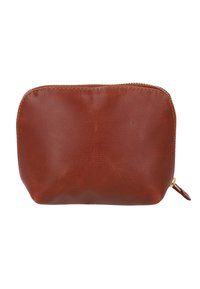 Bolsito de cuero marrón con textura suave y bordes redondeados. Presenta una cremallera dorada y una lengüeta de cuero en el lateral.