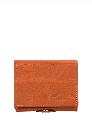 Orange leather wallet with a textured surface, featuring a snap closure and embossed brand logo, rectangular design, and stitched edges.
