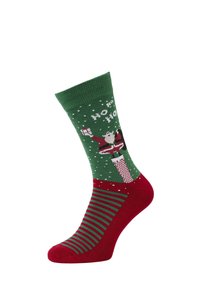Groene en rode sokken met een Santa-ontwerp, sneeuwvlokken en de tekst "HO HO HO", met gestreepte accenten bij de teen. Gemaakt van een katoenmix.