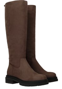Bruine laarzen tot de knie, gemaakt van gladde suede met een robuuste zwarte zool en subtiele stikdetails voor een duurzame uitstraling.