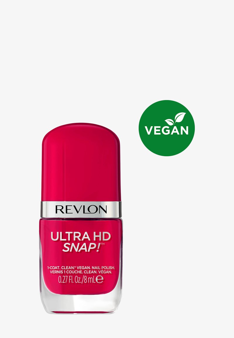 Klar rød Revlon Ultra HD Snap neglelakflaske med sølv mærkebånd og et grønt vegansk certificeringslogo.