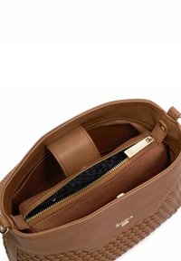 Brown leather handbag with woven texture. Interior features a dark patterned zipper compartment and a tan pouch, gold hardware accents.