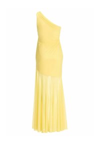 Robe de soirée jaune à une épaule avec corsage ajusté et jupe plissée fluide, détail froncé à la taille.
