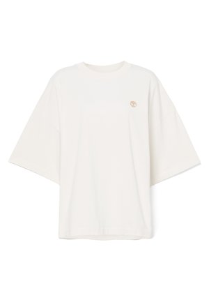 Übergroßes T-Shirt mit kurzen Ärmeln aus cremefarbenem Baumwollstoff, Rundhalsausschnitt und einem gestickten Logo in Hellbraun auf der linken Brust.