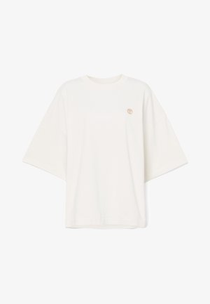 T-shirt oversize a maniche corte in cotone crema con colletto rotondo e logo ricamato in marrone chiaro sul lato sinistro del petto.