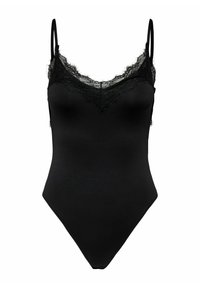 Sort body med justerbare spaghettistropper, har en fin blonderkant langs udskæringen, blød tekstur og kropsnær pasform.
