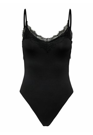 Czarny kombinezon na regulowanych cienkich ramiączkach, z delikatną koronkową lamówką przy dekolcie, miękką teksturą i dopasowanym krojem.