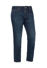 Ciemnoniebieskie dżinsy z prostą nogawką, z kontrastującymi pomarańczowymi szwami, pięcioma kieszeniami i wygodnym elastycznym paskiem.