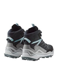 Bottes de randonnée montantes avec un schéma de couleurs noir et gris, des matériaux texturés et des accents aqua. Motif d'extérieur robuste notable pour une meilleure traction.