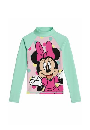 Langärmeliges Schwimmshirt für Kinder mit mintgrünen Ärmeln und einem Vorderseitenaufdruck von Minnie Maus, die ein rosa Kleid und eine Schleife trägt.