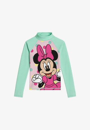 Maglietta da nuoto a maniche lunghe per bambini con maniche verde menta e stampa frontale di Minnie Mouse che indossa un vestito rosa e un fiocco.